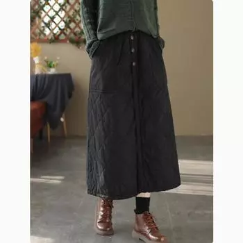 Ретро зимняя ромбовидная фиолетовая юбка с подкладкой из хлопка, женская литературная универсальная термоюбка из хлопка выглядит тонкой M чёрный