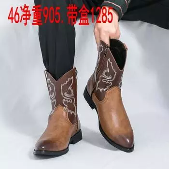 Retro zipper casual western boots men s medium boots autumn and winter new pointed middle heel sleeve high-top leather shoes 38 чёрный