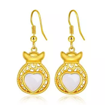 Ретро золото инкрустированные имитация нефрита Хотан в форме сердца серьги-гвоздики элегантные национальные стиль россыпное золото серьги ювелирные изделия