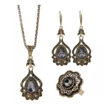 Ретро золотого цвета, винтажные серьги с цветком, ожерелье, кольцо для женщин, винтажные комплекты свадебных украшений для невесты в турецком богемном стиле серый