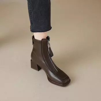 Ретро зрелые женские лаконичные женские ботильоны из искусственной кожи на толстом каблуке зимние офисные туфли с молнией спереди женские короткие ботильоны 35