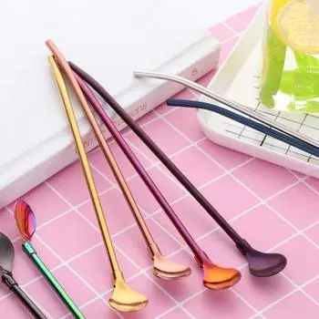 Reusable Bar Tea Party Drinking Straw Bent Filter 2 In 1 Stainless Steel Coffee Spoon Silver
