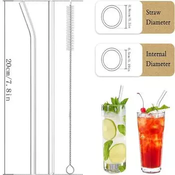 Reusable Clear Glass Straws In Straight And Curved Versions With Cleaning Brush, Ideal For Smoothies, Tea And Juices, Dishwashe