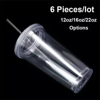 Reusable Drinking Cup Milk Mug With Straw Lid Transparent Tea Fruit Water Cups Double-layer Plastic Tumbler Outdoor Water Bottle 12oz