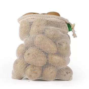 Reusable Vegetable Washable Cotton Mesh Wooden Buckle Drawstring Eco String Bag Shopping Kitchen Storage Organizer 28x20cm