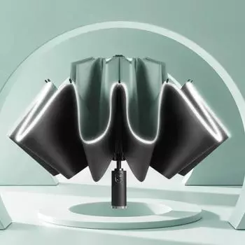 Reverse Umbrella with LED Lights Fully Automatic Reflective Stripe Umbrella Windproof Sunscreen Outdoors Three Folding Umbrella зелёный