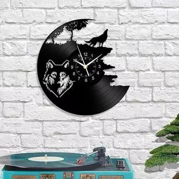 Ревущий волк Виниловая пластинка Настенные часы Художественное украшение Черная клейкая пластинка Дизайн Часы Гостиная Спальня Домашнее украшение 12 inch чёрный