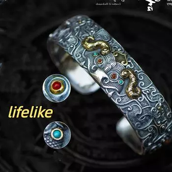 Резьба Pixiu Ретро Китайский Стиль Мощный Открывающийся Браслет Этнический Стиль УНИСЕКС one size(16-22CM) серебряный