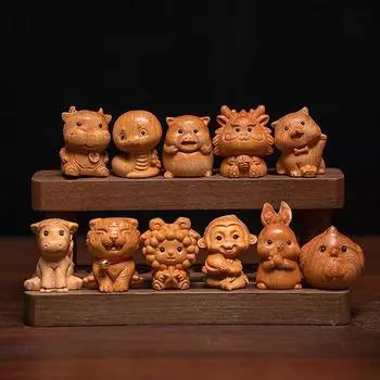 Резьба по дереву Мини Двенадцать Зодиакальных Орнаментов Милая Маленькая Модель Животного Мышь Бык Тигр Кролик Дракон Змея Настольный Декор Домашний Декор A11