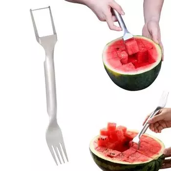 Резак для фруктовых вилок из нержавеющей стали, инструмент для нарезки арбуза 2-в-1 с вилкой с двойной головкой, легкий резак для ветряной мельницы для домашней вечеринки, кемпинга, кухонный гаджет серебряный