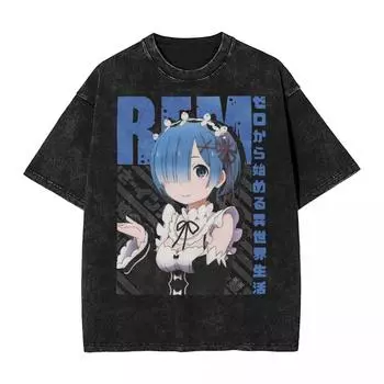 Rezero Rem Re:Life In A Different World From Zero Washed T Shirts Streetwear Hip Hop Vintage T-Shirt Tees for Women Unisex Harajuku L чёрный