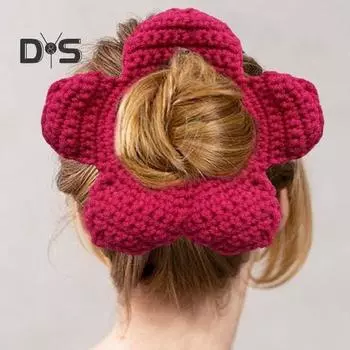 Резинка для волос с большим цветком из шерсти, ручная работа, вязаная крючком, эластичная повязка на голову, большая резинка для волос, держатель для хвоста розы красного