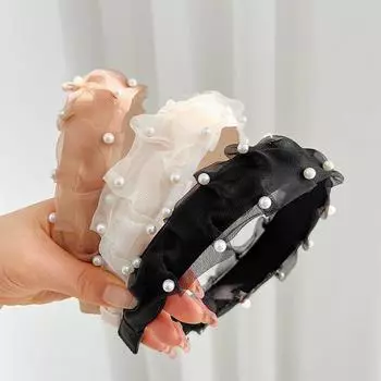 Резинка для волос с жемчугом, повязка на голову в стиле ретро, сетка, темперамент, аксессуары для диких волос, фиксатор для волос 16*4cm чёрный