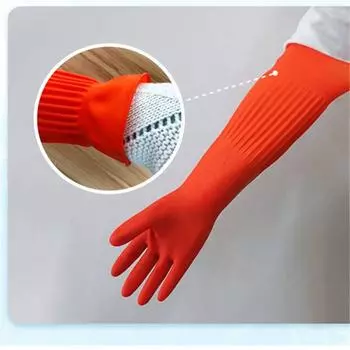 Резиновые перчатки Бытовая кухня Латексные перчатки с длинными рукавами Кухонные перчатки Водонепроницаемые перчатки M красный