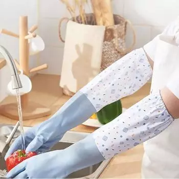 Резиновые перчатки для мытья посуды Водонепроницаемые эластичные манжеты Перчатки для работы по дому Латексные перчатки с длинным рукавом для зимней уборки синий