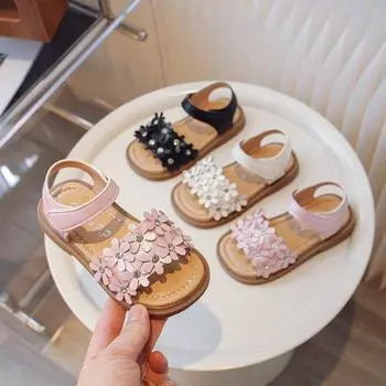 Резиновые сандалии из искусственной кожи, модные сандалии с открытым носком, летние для детей 3 лет, на липучке 22 бежевый