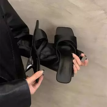 Резиновые шлепанцы с квадратным носком, женские летние туфли, роскошные шлепанцы, мюли на каблуке, гавайские 2025, дизайнерские мягкие высокие 35 зелёный