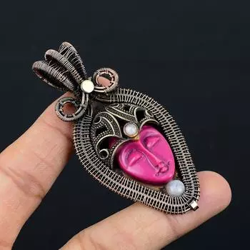Резная кость лицо драгоценный камень чистая медная проволока обернутая дизайнерская подвеска ручной работы ювелирные изделия для нее 3.15 Inches розовый