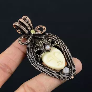 Резная кость лицо драгоценный камень чистая медная проволока обернутая дизайнерская подвеска ручной работы ювелирный подарок 3.15 Inches белый