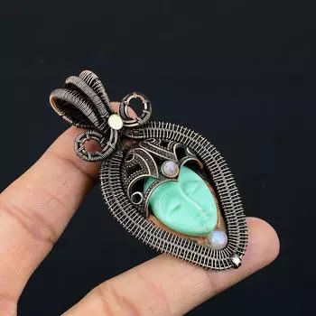 Резная кость лицо драгоценный камень чистая медная проволока обернутая дизайнерская подвеска ручной работы ювелирные изделия для нее 3.07 Inches зелёный