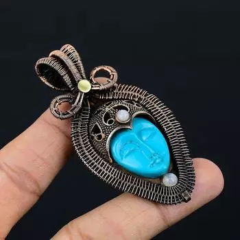 Резная кость лицо драгоценный камень чистая медная проволока обернутая дизайнерская подвеска ручной работы ювелирный подарок для нее 2.95 Inches синий