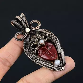 Резная кость лицо драгоценный камень чистая медная проволока обернутая дизайнерская подвеска ручной работы ювелирный подарок для женщины 3.15 Inches красный