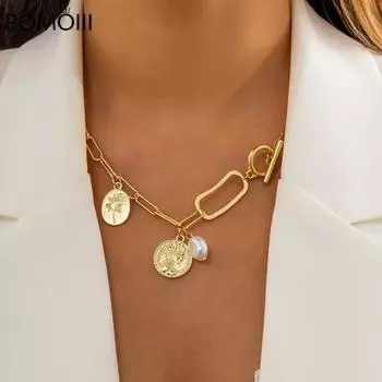 Резная монета кулон роза портрет ожерелья асимметричный искусственный жемчуг чокер ожерелья женские украшения на шею