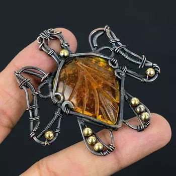 Резной балтийский янтарь в форме черепахи, драгоценный камень, медная проволока, подвеска ручной работы, ювелирный подарок 2.55 Inches синий