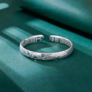 Резной цветок с широким лицом, однотонный браслет из чистого серебра для женщин, серебро 999 футов, модный стиль для мам, темперамент, открытый матовый серебряный браслет Adjustable size