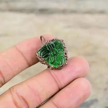 Резной хром-диопсидовый кулон, гальванопластичный медный кулон, кулон с драгоценным камнем, медные украшения, кулон ручной работы, гальванопластиковые украшения для подарка