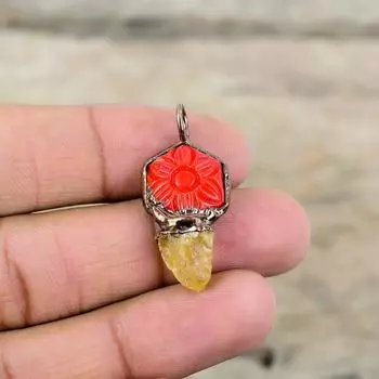 Резной красный оникс с цитрином, грубая подвеска, медный кулон, изготовленный гальваническим способом, ювелирные изделия ручной работы, кулон с драгоценным камнем, ювелирные изделия, изготовленные гальваническим способом, подарок для нее