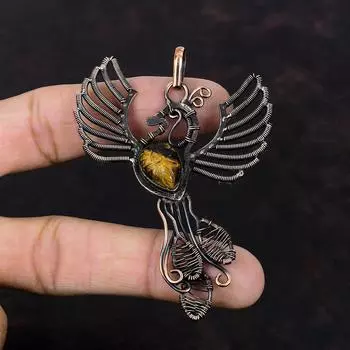 Резной кулон из тигрового глаза, обернутый медной проволокой, кулон в виде птицы Феникс, драгоценный камень, медные украшения, кулон ручной работы, уникальные украшения для подарка