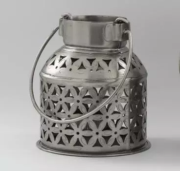Резной подсвечник-бидон маленький, Никель, Iron Cut Work Dolchi-Small, John Molly Decor&Gifts