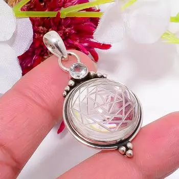 Резной Шри Янтра Кристалл Кварц - Бразилия и Белый Топаз Дизайнерский Ручной Работы Подвеска из Стерлингового Серебра 925 пробы 1,87 Sku66, Белая Подвеска, Натуральный Драгоценный Камень П