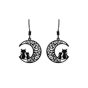 Резные черные кошки и луна, висячие серьги, ювелирные изделия из сплава, милый элегантный стиль, аксессуары для повседневной носки чёрный