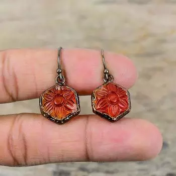Резные серьги из красного оникса с драгоценными камнями, гальванопластические медные серьги, ювелирные изделия ручной работы, висячие серьги, красивые гальванопластические ювелирные изделия, подарок для нее