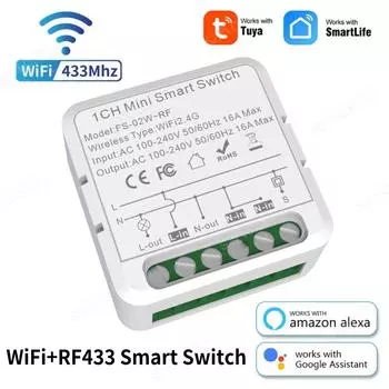 RF433 Tuya WiFi Smart Switch 16A Mini Breaker Relay Приложение для автоматизации умного дома Голосовое управление Работает с Alexa Google