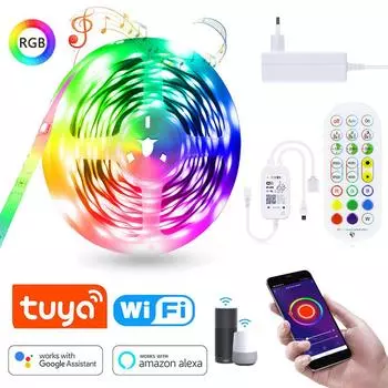 RGB 5050 SMD Светодиодная лента Tuya WIFI App RGB контроллер Гибкая лента Неоновая лампа Домашняя рождественская декоративная лампа с вилкой европейского стандарта 1M-EU Plug