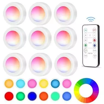 RGB цветные подсветки под шкафом с дистанционным управлением, регулируемая яркость, ночник для гардероба, беспроводной светодиодный светильник на батарейках для кухни, спальни, шкафа