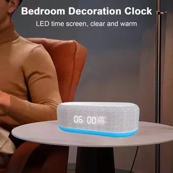 Цифровой будильник RGB с ночником, дисплеем температуры, совместимым с Bluetooth, динамиком, быстрой зарядкой 15 Вт, беспроводным зарядным устройством для домашнего офиса, настольным компьютером белый
