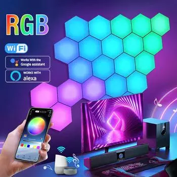 RGB интеллектуальный шестиугольный настенный светильник, меняющий цвет, окружающий ночник DYI, форма, музыкальный ритм, управление через приложение для игровой комнаты, спальни WIFI version
