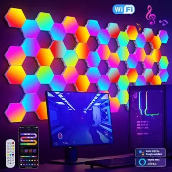 RGB интеллектуальный шестиугольный настенный светильник, меняющий цвет, окружающий ночник DYI, форма, музыкальный ритм, управление через приложение для игровой комнаты, спальни BT Wireless