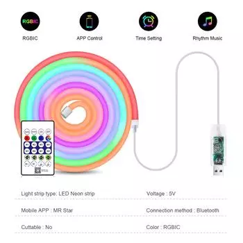 RGBIC неоновая лента Bluetooth неоновый свет 5 В светодиодные силиконовые ленты водонепроницаемые с синхронизацией музыки поддержка смарт-приложения Alexa Google USB светодиод 1m