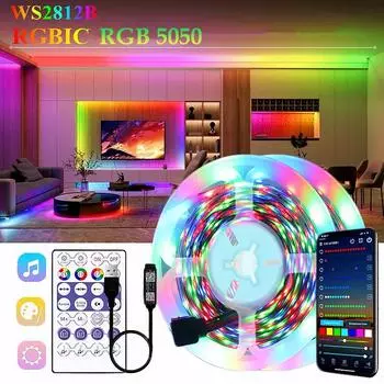 RGBIC WS2812B Светодиодная лента RGB 5050 Bluetooth Control Гибкая лампа с ленточным диодом для комнаты Рождественские праздничные вечерние огни RGBIC 2812B IR BT-0.5m