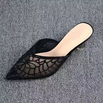 Rhinestone baotou half slippers women s thin heels summer new high heels crystal heel hollowed out without heel 35 чёрный