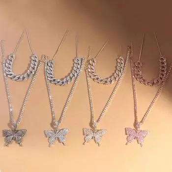 Rhinestone Bling Necklace Big Butterfly Fashion Collars Necklace Necklace for Women серый