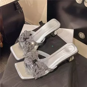 Rhinestone bow high heel cool slippers women s summer new fashion outer wear open toe one-word drag 35
