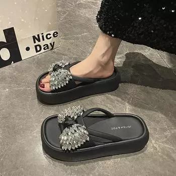 Rhinestone bow slippers wear new summer fashion versatile thick bottom heightening casual slippers women 35
