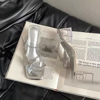 Rhinestone bow transparent cool slippers women s summer wear new fashionable exquisite versatile high heels 35