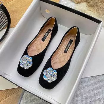 Rhinestone buckle square head single shoes women s 2025 spring and autumn new comfortable soft sole soft leather one pedal shallow beanie 35 серый